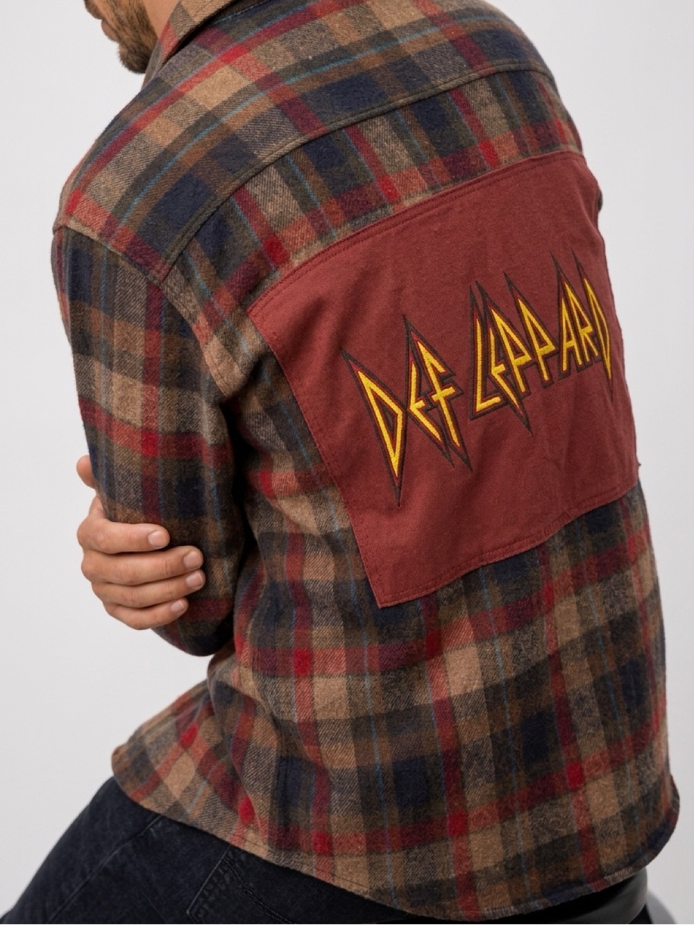 Def Leppard Upcycled T-shirt on Plaid Flannel Mens Shirt  XL